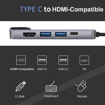 5in1, USB, Tipas C Hub PD 3.0 4K HD Vaizdo Išvesties Įkrovimo HDMI-USB-C Gigabit Ethernet RJ45 Adapteris, skirtas 
