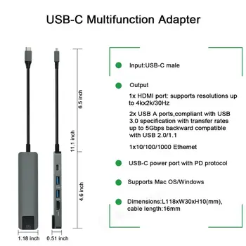 5in1, USB, Tipas C Hub PD 3.0 4K HD Vaizdo Išvesties Įkrovimo HDMI-USB-C Gigabit Ethernet RJ45 Adapteris, skirtas 