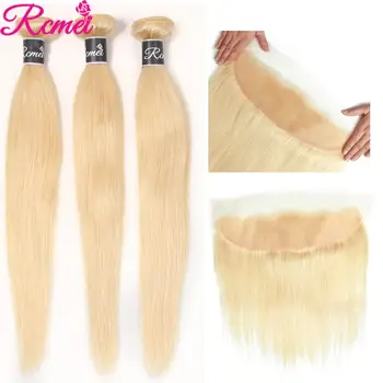 613 Blond Ryšulius Su Priekinės Uždarymo Brazilijos Tiesūs Plaukai Šviesūs Pluoštas Plaukų 4PCS Spręsti 8-30 Colių Ilgio Ilgio Plaukų Audimo