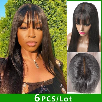 6Pcs/Daug didmeninės tiesiai žmogaus plaukų perukai Su Kirpčiukais Netikrą Galvos peruką šilko bazės Bžūp Nėriniai perukas Brazilijos Plaukų Perukai Juoda moterų