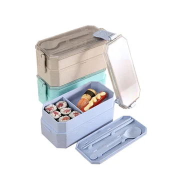700ml Kviečių Šiaudų 2 Sluoksnis Priešpiečių Dėžutė Vaikams Sveiką Medžiagų, Maisto Mikrobangų Bento Box Nešiojamų Šaukštas Talpykla