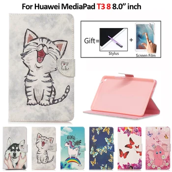 8 colių Tablet Atveju, Huawei MediaPad T3 8 Atveju Kawaii Vienaragis Katės Mažylių Odos Atveju Huawei MediaPad T3 8 Padengti Coque+Rašiklis