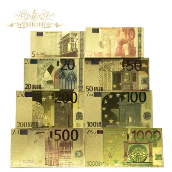 8pcs/daug Spalvų Eurų Banknotų Rinkinius 5 10 20 50 100 200 500 1000 EUR Aukso Banknotų 24K Aukso Netikrą Popierinių Pinigų Kolekcija