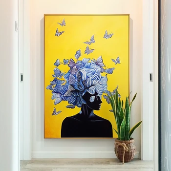 Abstraktus Mergina su Drugelio Šiaurės Drobės Tapybos Geltona Mėlyna Plakatas ir Spausdinimo Sienos Meno Kambarį Namų Dekoro (be Rėmelio)