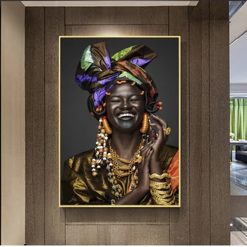 Afrikos Juokiasi Juoda Moterų Paveikslas, Drobė, Tapyba ant Sienos Iliustracijų, Plakatų, piešinių Atspaudai Sienos Nuotrauka už Kambarį Namuose Cuadros