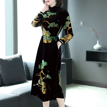 Aksomo suknelė moterų 2020 m. rudenį naujų nėrinių Slim sexy juoda ilgomis rankovėmis suknelė didelis dydis M-4XL aukštos kokybės moterų šalis vestidos