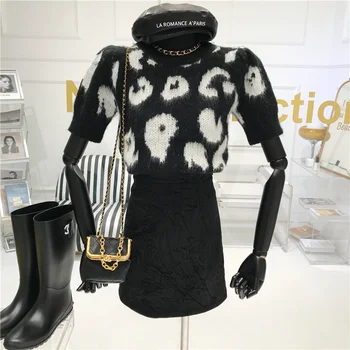 ALPHALMODA Trumpas Megztinis Megztinis trumpomis Rankovėmis, Moterų 2020 m. Rudenį Naujų Mados Leopard Print All-Atitikimo Megztinis Viršų