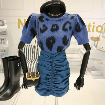 ALPHALMODA Trumpas Megztinis Megztinis trumpomis Rankovėmis, Moterų 2020 m. Rudenį Naujų Mados Leopard Print All-Atitikimo Megztinis Viršų