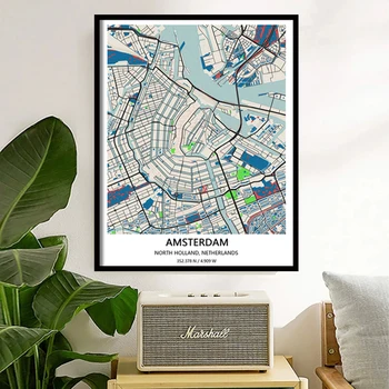 Amsterdamas Miesto Žemėlapį Spausdinti Kelionių Animacinių filmų Kraštovaizdžio Šiaurės Plakatas Sienos Meno Tapybos Drobės, Miegamojo Kambarį Apdaila