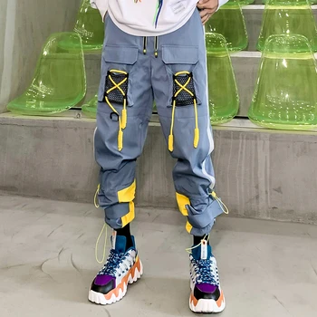 Aolamegs Spalvos Bloką Multi-Raišteliu Hip-Hop Krovinių Kelnės Vyrams Elastinga Juosmens Poilsiu Kelio vyriškos kelnės Harajuku Streetwear Vyrai