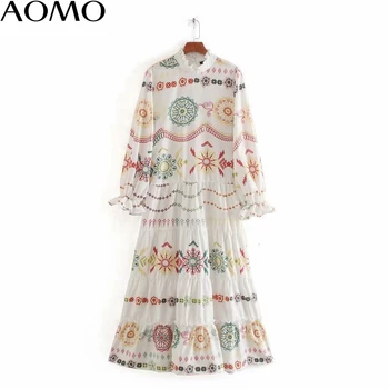 AOMO 2020 mados moterų suknelė boho stiliaus spausdinti maxi suknelė raukiniai ilgomis rankovėmis ponios derliaus ilga suknelė vestidos CE230A