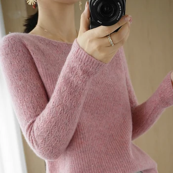 Apvalios kaklo kašmyro megztinis moterų rudenį ir žiemą, naujas savęs auginimo universalus tuščiaviduriai mezgimo vilna, žemiausią marškinėliai