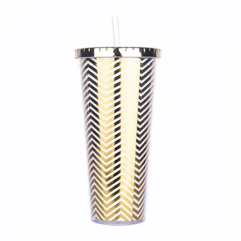 Aukso, Sidabro Juostele Kavos Puodeliai, BPA Free Plastikinis Vandens Butelis Su Šiaudų Nešiojamų Arbatos Puodelio Pieno Namų Biuro Drinkware 650ML