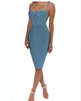 Aukštos Kokybės Mėlynos Slydimo Bodycon Viskozė Tvarstis Suknelė Klubas Šalies Elegantiška Suknelė