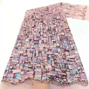 Aukštos kokybės seka organza Afrikos prancūzų ju išsiuvinėta rožinės spalvos blizgučiai tiulio tinklelio nėriniai audinio suknelės SL1872
