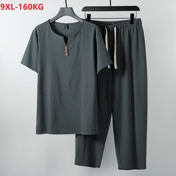 Aukštos kokybės vasaros Kinų stiliaus trumpas rankovės marškinėliai ir kelnės Vyrams lino derliaus plius dydis 7XL 8XL 9XL negabaritinių v-kaklo, trišakiai 70