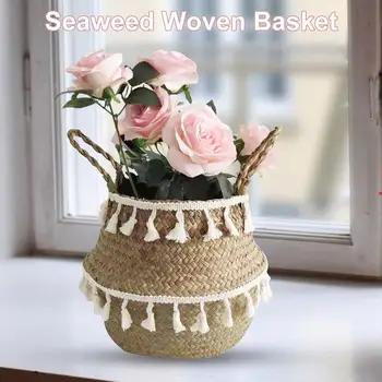 Balta Kutas Macrame Saugojimo Krepšys Namų Sulankstomas Seagrass Austi Stovas Sodo Gėlių Vaza Kabinti Turėtojas
