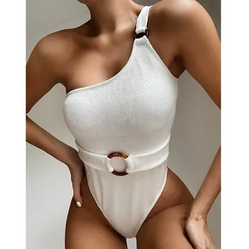 Baltos spalvos maudymosi kostiumėliai moterims, diržas bikini 2020 Mujer Aukštos sumažinti bodysuits vientisas maudymosi kostiumėlis moterų monokini Vieną petį maudymosi kostiumas naujas