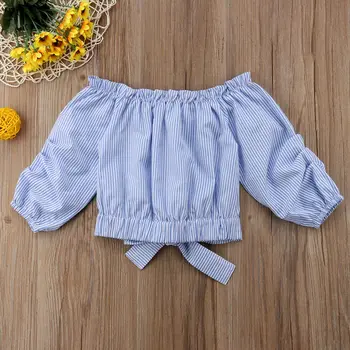 Bamblys Baby Kid Merginos Mėlyna Balta Dryžuotas ilgomis Rankovėmis Palaidinės Viršūnės Peties Vasarą Mergaičių marškiniai