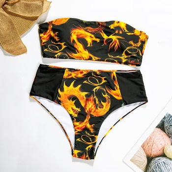Bandeau maudymosi kostiumėlį moteris Drakonas spausdinti bikini 2020 m. Off-pečių maudymosi kostiumėliai, moterų Kratinys biquini Aukšto juosmens maudymosi kostiumą vasarą