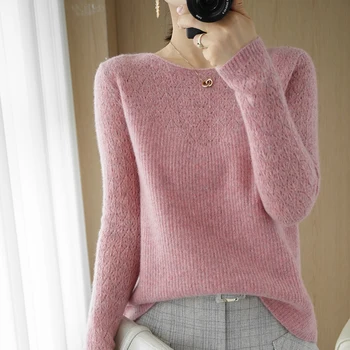 BARESKIY Apvalios kaklo kašmyro megztinis moterims 2020 naujas megztinis trumpas megztinis tuščiaviduriai laisvas megztinis laukinių megzti dugno marškinėliai