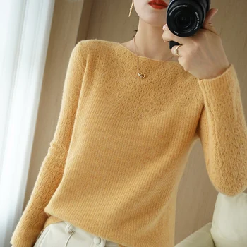 BARESKIY Apvalios kaklo kašmyro megztinis moterims 2020 naujas megztinis trumpas megztinis tuščiaviduriai laisvas megztinis laukinių megzti dugno marškinėliai