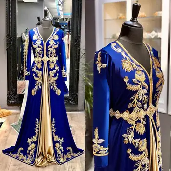 Bbonlinedress Dubajus Royal Blue Vakaro Suknelės 2020 Satino V-Kaklo, Ilgai Oficialią Chalatai Aukso Siuvinėjimai Kristalų Musulmonų Vakarinę Suknelę