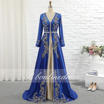 Bbonlinedress Dubajus Royal Blue Vakaro Suknelės 2020 Satino V-Kaklo, Ilgai Oficialią Chalatai Aukso Siuvinėjimai Kristalų Musulmonų Vakarinę Suknelę