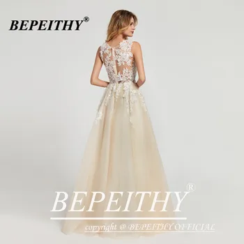 BEPEITHY-line O Kaklo Vestuvių Suknelė Nuotakos Nėrinių Vien Viršus be Rankovių Champange Minkštas Tiulis Paplūdimio Vestuvių Suknelė 2020 Naujas