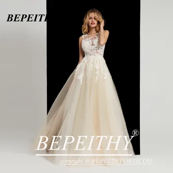 BEPEITHY-line O Kaklo Vestuvių Suknelė Nuotakos Nėrinių Vien Viršus be Rankovių Champange Minkštas Tiulis Paplūdimio Vestuvių Suknelė 2020 Naujas