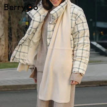 BerryGo Priežastinis baltos spalvos pledas rudens žiemos moterys parkas Šilta golfo ilgomis rankovėmis moteriška striukė Aukštosios gatvės mados parkas