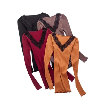 Birdsky, Moterų šilko long sleeve T shirt Viršuje, Trišakiai, nėriniai V kaklo ruffles megztinis, 90% mulberry šilkas šonkaulio, 4 vientisų spalvų. ARBA-51