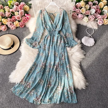Boho Maxi Suknelė Moteriai Gėlių Ilgomis Rankovėmis Suknelė Elegantiškas Šifono Rudens Derliaus Suknelės Moterims Šalis V Kaklo Drabužius 2020 Midi