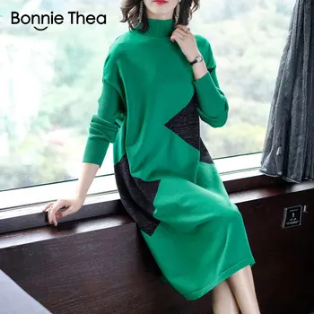 Bonnie Thea moterų žiemos Golfo Megztinis suknelė Storio megzti suknelę moteris Elegantiškas mezgimo šalis suknelė