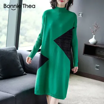 Bonnie Thea moterų žiemos Golfo Megztinis suknelė Storio megzti suknelę moteris Elegantiškas mezgimo šalis suknelė