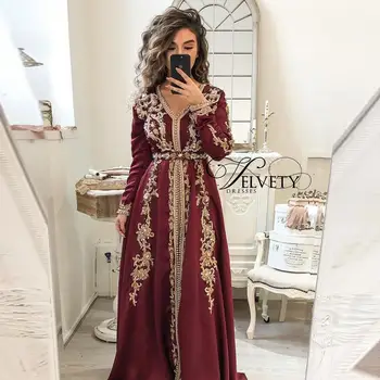 Bordo Maroko Kaftan Veliūras Keltas Suknelės Ilgomis Rankovėmis Musulmonų Vakare Chalatai Aukso Appliques Nėrinių Dubajaus Moterų Suknelė