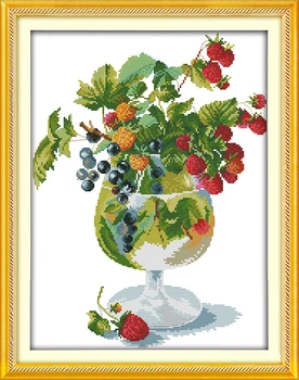 Braškių ir vyno taurė kryželiu siuvinėti rinkinys vaisių maisto 14ct 11ct prieš antspaudu audinys siuvinėjimui 