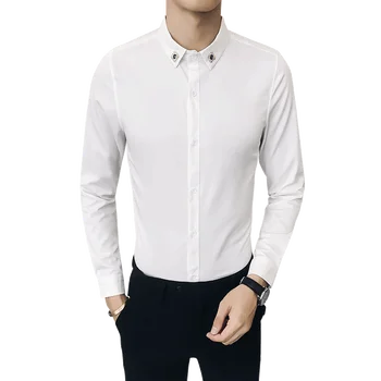Britų Stiliaus Pavasarį Naujas Vyrų Atsitiktinis Marškinėliai ilgomis Rankovėmis Mados 2021 Deimantai Apykaklės Slim Fit Verslo Biuro Palaidinė Homme 5XL-S