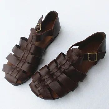 Careaymade-Vasarą pirmą sluoksnį karvės odos mezgimo retro Japonijos plokščio minkšto dugno sandalai originalus vieną prekių odos sandalai
