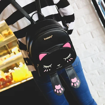 Cat Backpack Black Preppy Stilius Mokyklinės Kuprinės Juokinga Pu Odos Mados Moterų Pečių Maišą Keliauti Atgal Pack Maišeliu Dos