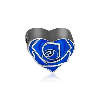 CKK Žavi Rose Širdies Žavesio 925 Sterlingas Sidabro Granulių Uogų Mėlyna Emalį,Aišku, CZ 