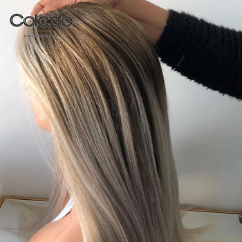 COLODO Brazilijos Remy Plaukų Preplucked Pelenų Blond Nėriniai Priekiniai Perukas Su Kūdikių Plaukus Ombre Tiesiai Žmogaus Plaukų Perukai Juoda Moterų