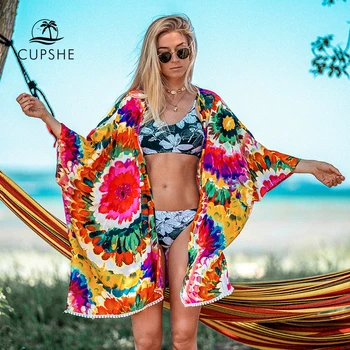 CUPSHE Spalvinga Gėlių Bikini Padengti Moteris Seksualus permatomas Nėrinių Kimono 2021 Paplūdimio Maudymosi Kostiumas, Paplūdimio Tunika Marškinėliai