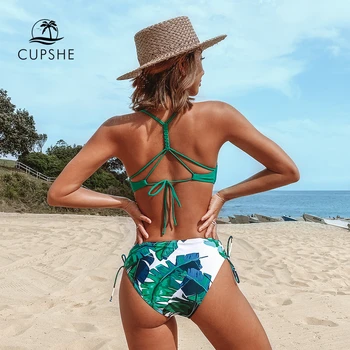 CUPSHE Žalios ir Lapinės Spausdinti Strappy Bikini Rinkiniai, Sexy Nėrinių maudymosi kostiumėlį Dviejų dalių maudymosi Kostiumėliai Moterims, 2021 Naujas Paplūdimio Maudymosi Kostiumai