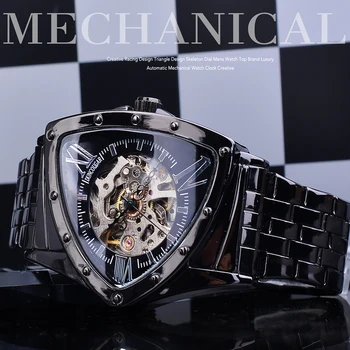 DUNCOUGAR Juodas Trikampis Skeletas Nereguliarus Automatinis Mechaninis laikrodis iš Nerūdijančio Plieno, atsparus Vandeniui Verslo, Sporto Vyrų Laikrodis