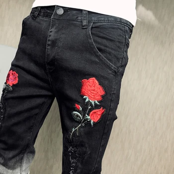 Džinsai Vyrams 2020 Mados Derliaus Gėlių Siuvinėjimas Liesas Vyrų Džinsai Slim Fit Streetwear Juodos Džinsinio audinio Kelnės Vyrams Hip-Hop Kelnės