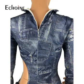 Echoine Moterų džinsinio audinio Imitacija spausdinimo Tuščiaviduriai Iš Slim Rompers Jumpsuit Golfo ilgomis Rankovėmis Šalies Klubas Bodysuit darbo drabužiai