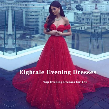 Eightale Perlai Prom Dresses 2021 Off Peties Raudona Arabų Vakare Chalatai Tiulio-Line Užsakymą Dubajus Šalis Suknelė