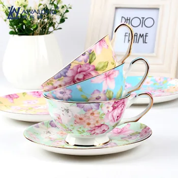 Eksporto lygio, aukštos kokybės Europos stiliaus gėlių pigmentiniai kavos rinkiniai, kaulų Kiniškojo porceliano arbatos, kavos puodeliai, rinkiniai su patiekalas