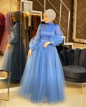 Elegantiška Mėlynos Musulmonų Keltas Suknelės Su Rankovėmis Aukštos Kaklo Linija, Ilgai Oficialų Suknelė 2020 Pigūs Arabų Vakaro Suknelės Visas Ilgis